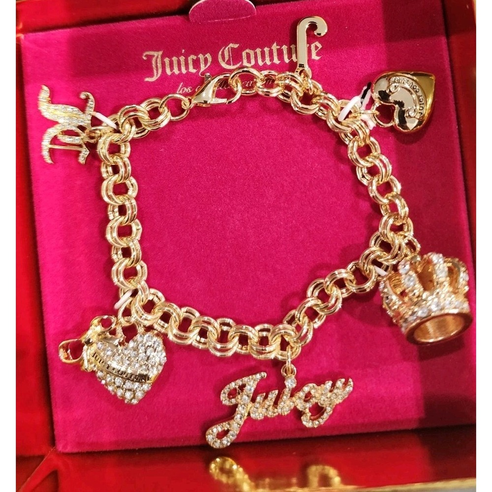 New Juicy Couture Goldtone Charm Bracelet 6 Charms Logo Y2K